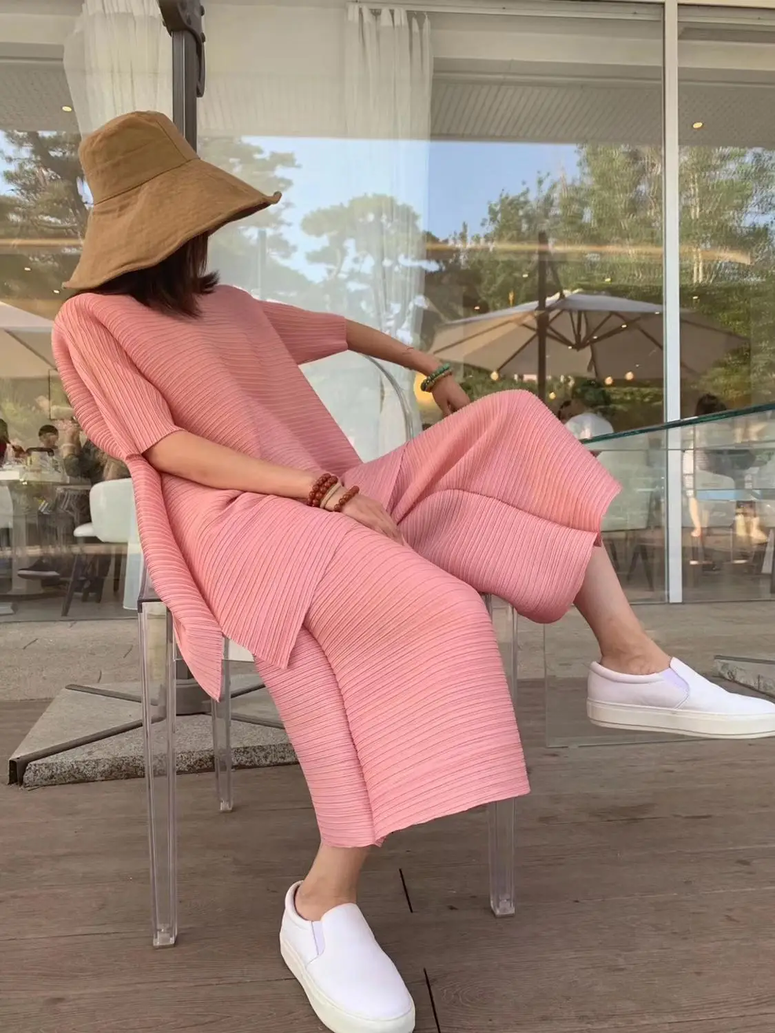 

HOT SELLING Miyak Fold half sleeve o-neck long t-shirt two-piece women fashion wide-legged pants solid loose suit IN STOCK