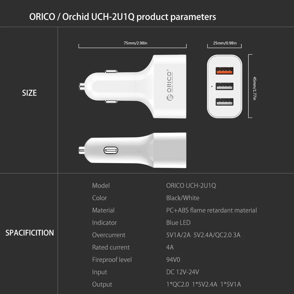 Автомобильное USB зарядное устройство ORICO, быстрая зарядка 2,0, зарядное устройство для мобильного телефона, 3 порта, USB, быстрое автомобильное зарядное устройство для iPhone, Android, samsung, Xiaomi, планшета