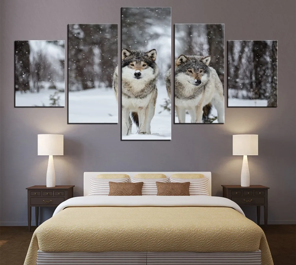 Холстокартина Современное искусство Живая настенная декорация Рама Модульные картины Зимний лесный пейзаж Масло 5 панелей Животные Волки на.