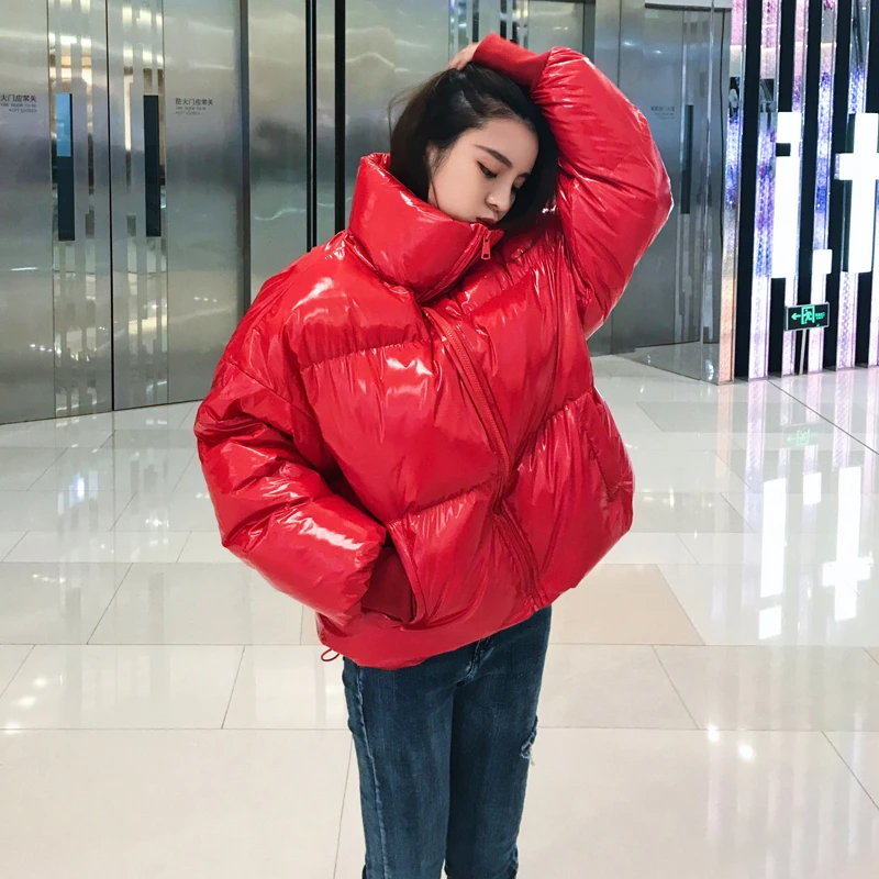 Женское хлопковое пальто с капюшоном блестящее теплое зимнее большого размера
