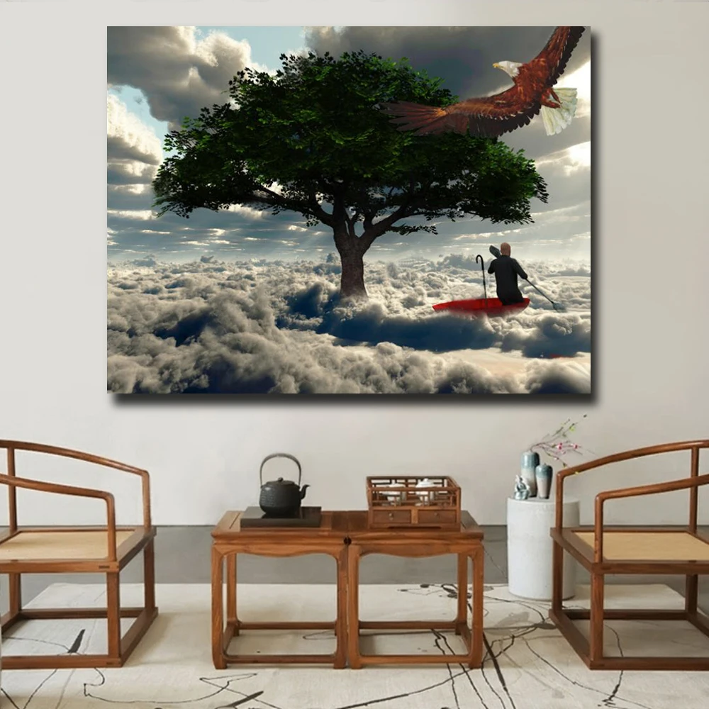 

Embelish Quality Waterproof Wall Posters Man Floats In Red Umbrella Landscape Pictures For Living Room Home Decor Canva Painting