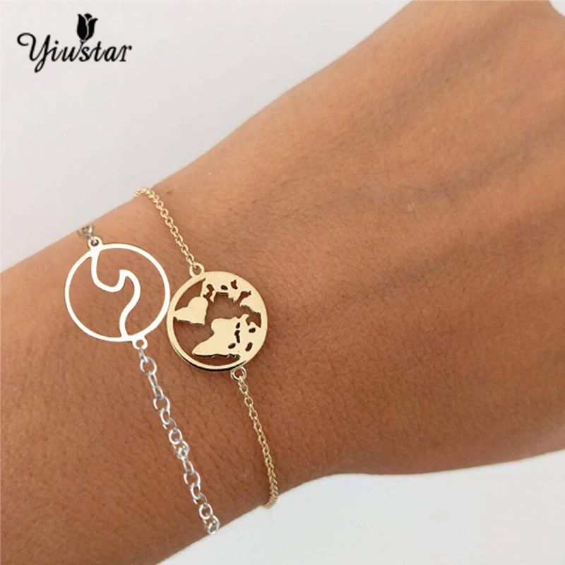 yiustar Gold World Map Stainless Steel Bracelets For Women Wave Pendant Beach Jewelry Earth Christmas Gifts | Украшения и