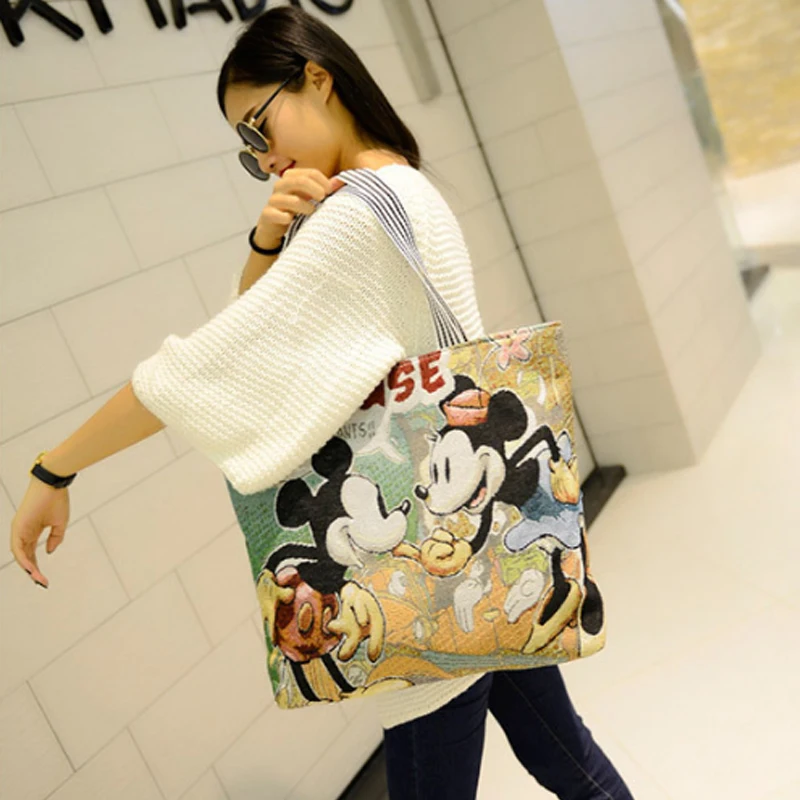 Женские сумки из парусины Disney Mickey большие тоут с мультипликационным принтом для