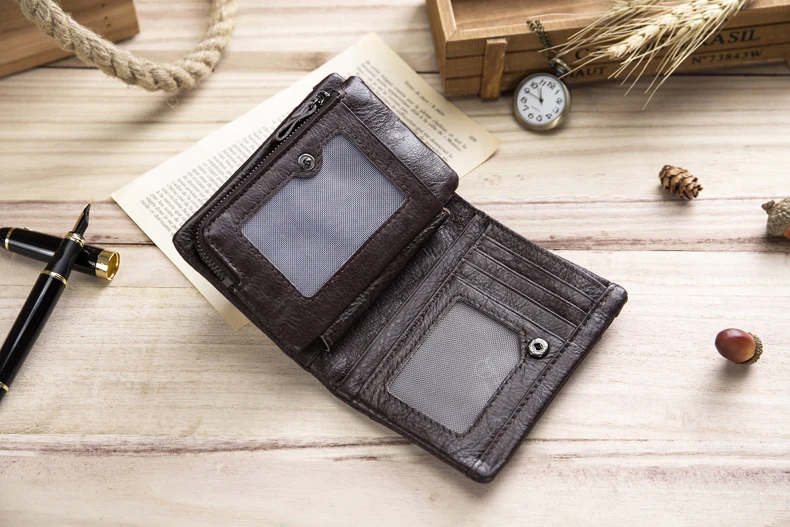 Genuine Cowhide Leather Men Wallets New Brand Vintage leather man Purse with Coin Bag Short Male Multi card holder