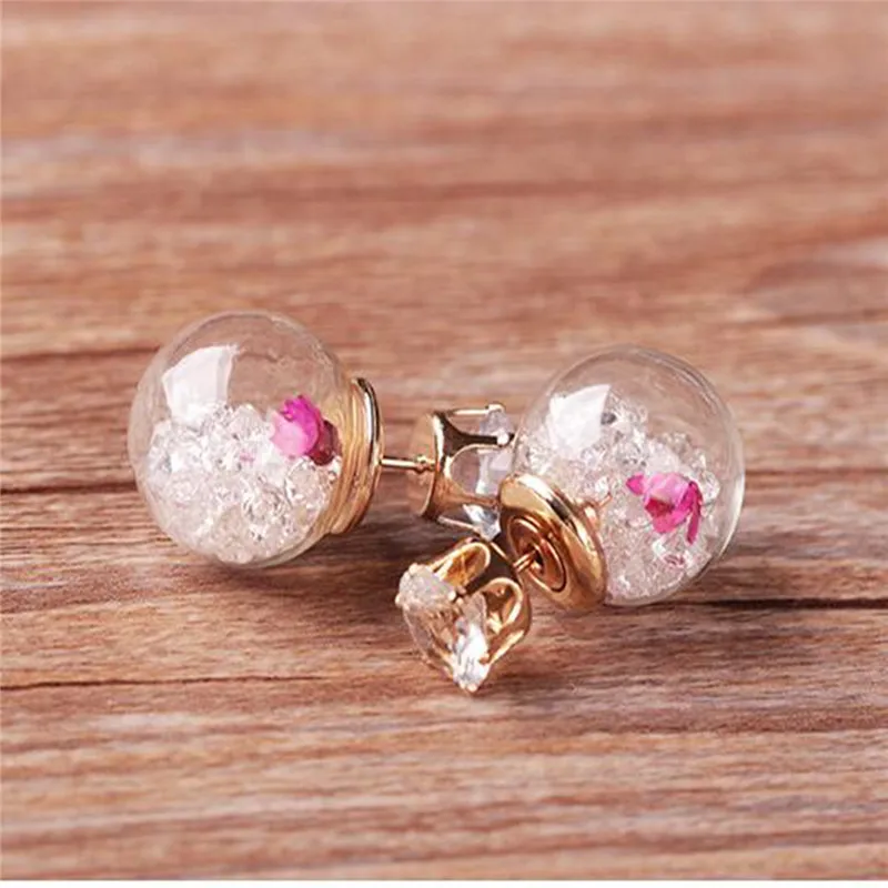 Charm Women Elegant Dried Flower Rhinestone Ball Ear Studs Earrings Gift Pink Purple Blue Floating Earring For | Украшения и