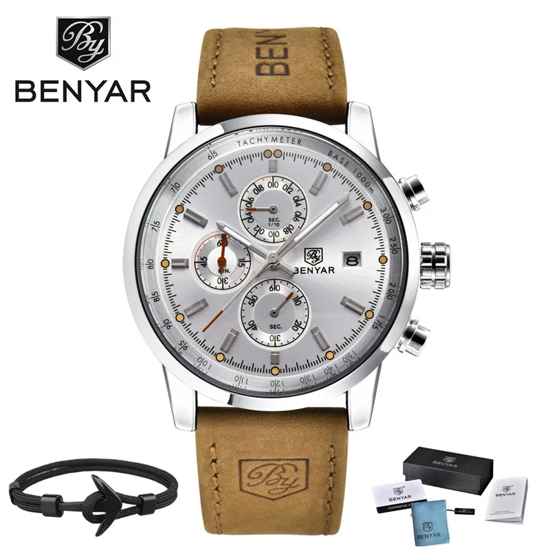silver white box BENYAR модные роскошные Брендовые мужские часы с хронографом, Кварцевые спортивные водонепроницаемые часы с кожаным ремешком, мужские часы Relogio Masculino BY-5102M - Цвет: silver white box