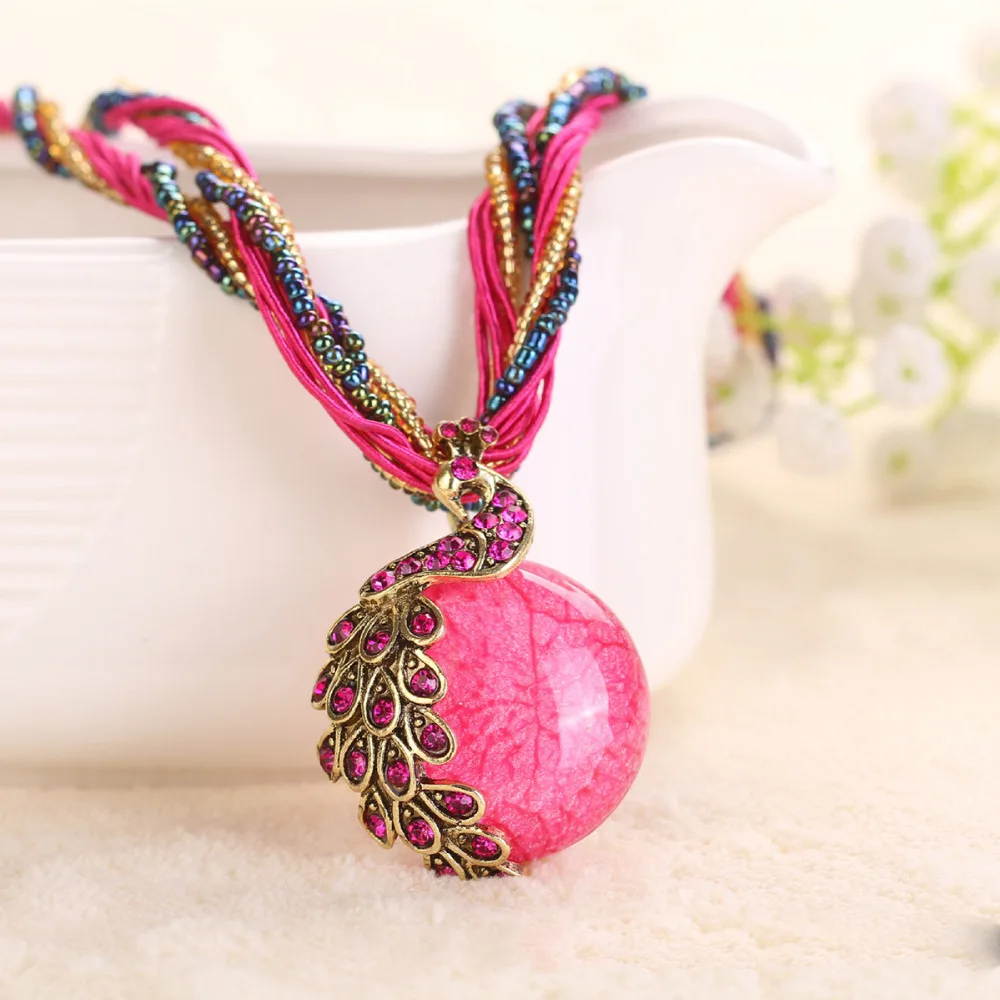 Женское длинное ожерелье с опалом винтажное в богемном стиле кулоном виде