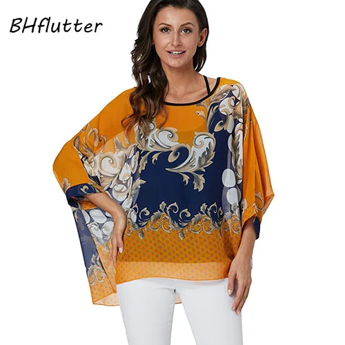 BHflutter 4XL 5XL 6XL размера плюс блузка рубашка Женская Новинка полосатый принт летние топы футболки рукав летучая мышь повседневные шифоновые блузки - Цвет: picture color