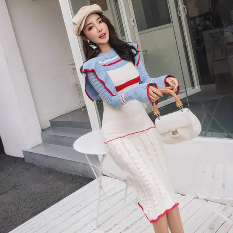 Debowa Spring Women Knitted Sweater Dress Ruffles Package Hip Bottom Contrast Color Elegant Flare Sleeve Office Lady | Женская одежда