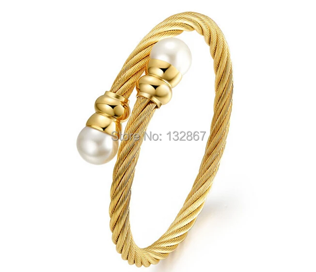 316L нержавеющая сталь Позолота белый жемчуг браслет Открытый проволочный Браслет