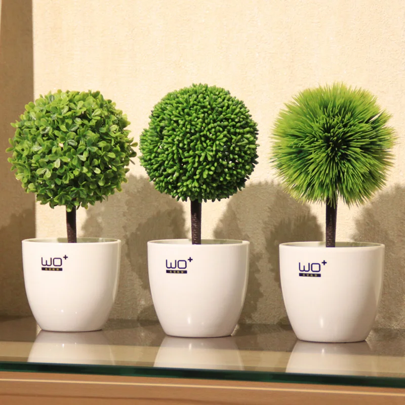 

Grass ball Small bonsai Simulation flower Green velvet potted Artificial plant flowers set gardening decorationOffice Home Decor