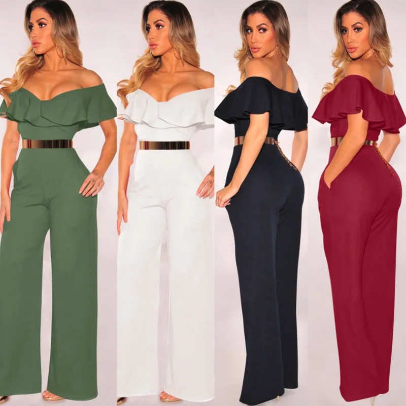 

Off Shoulder Ruffles Rompers Womens Jumpsuit Office Long Pants With Pockets Elegant Wide Leg Trousers Body Mujer Ez*