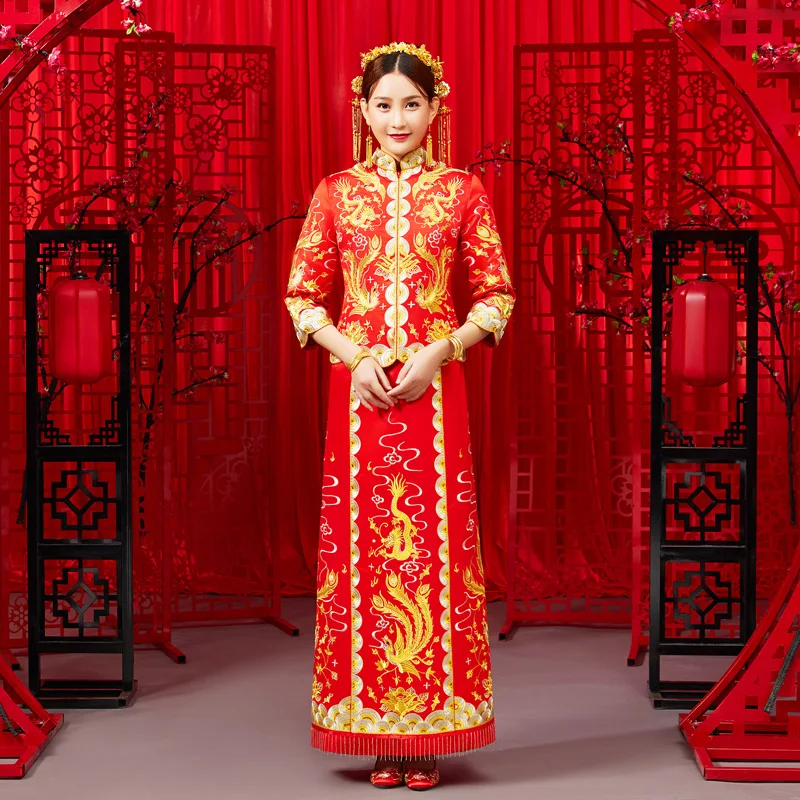 

Вечернее платье-Ципао с Фениксом, платье с драконом, свадебное платье для невесты, костюм в китайском стиле, облегающая стильная одежда для ...