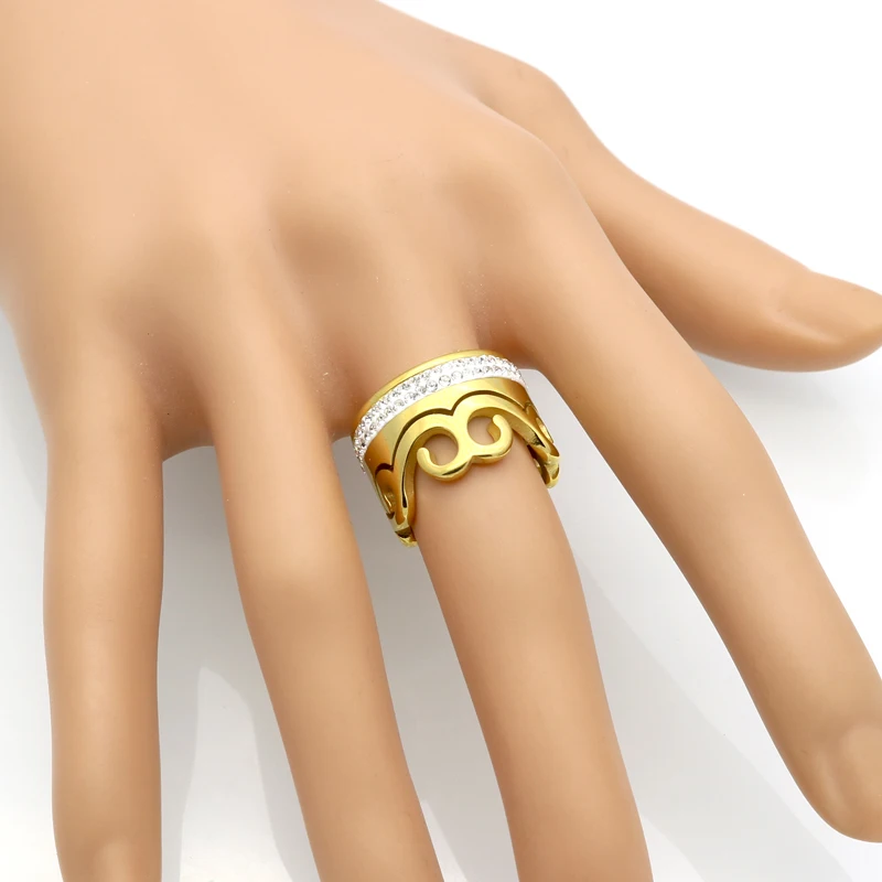 Мода модные Кольца из нержавейки Для женщин мужчин Кристалл Rhinestone Золото Цвет