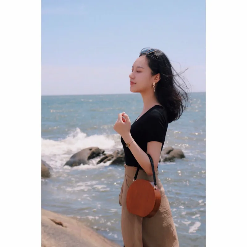 

[Telastar] Round Wood Bag PU Leather Strap Vintage Wood Circular Totes Women Bags Handmade Round Clutch Bags Evening Handlbag