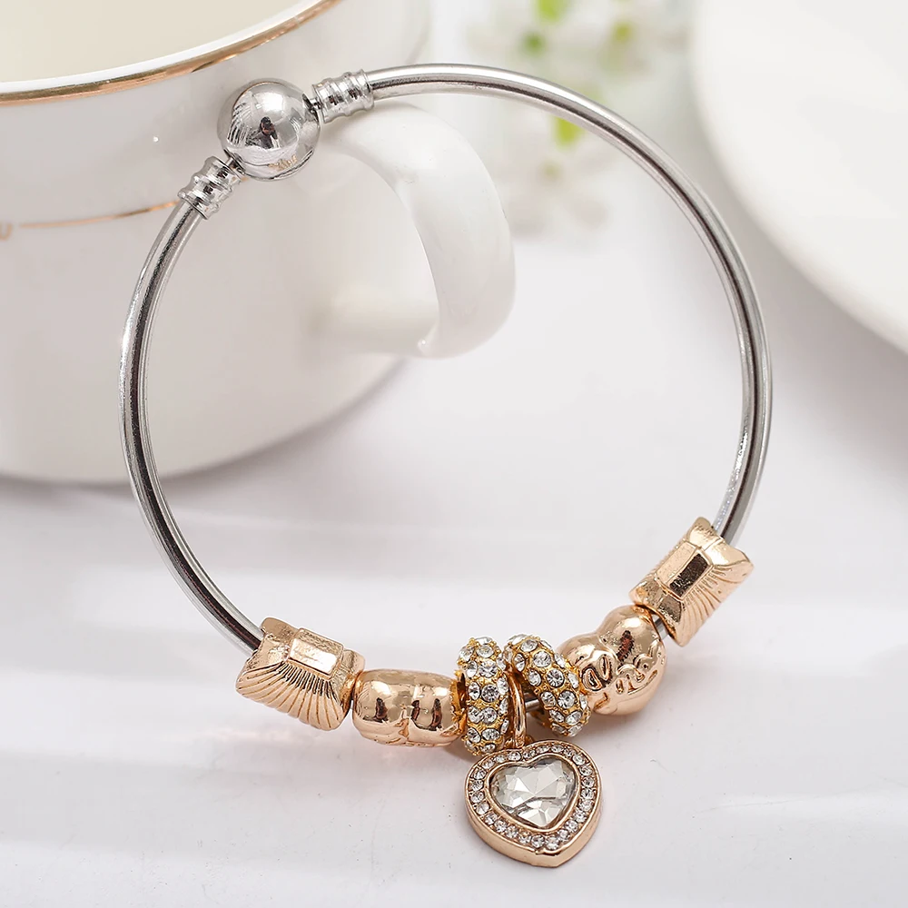 Летний стиль белый кристалл любовь сердце браслет с подвеской оболочка золотого