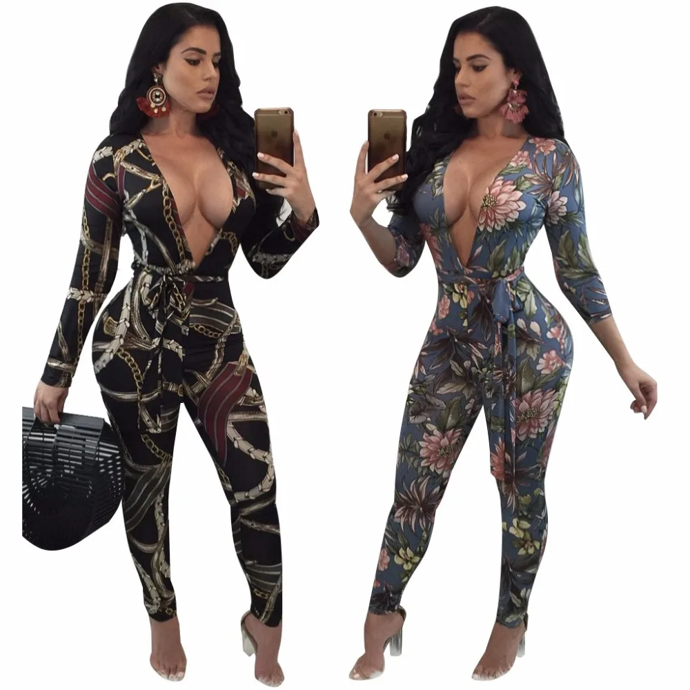 Женский комбинезон с цветочным принтом V образным вырезом и застежкой