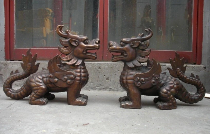 

bi002276 18"China royal Huge Bronze Dragon Kylin Foo Dogs Lion Pair Evil spirits statue