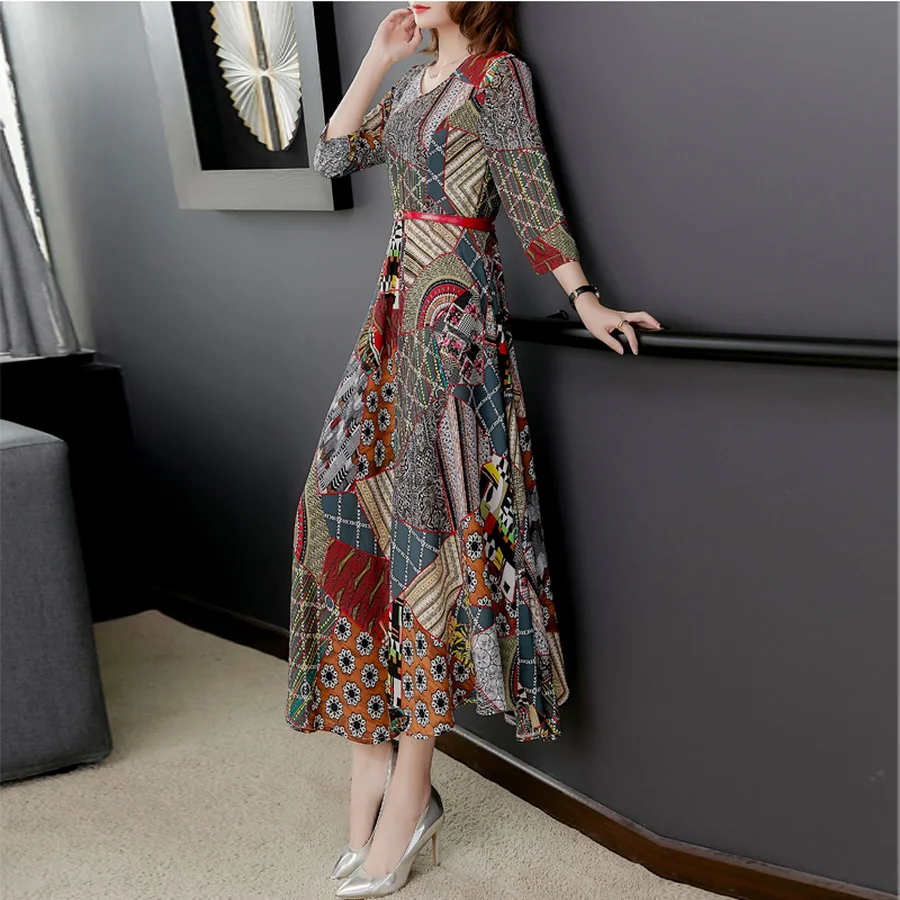 2019 Korean Summer New Beach Midi Dresses Plus Size Vintage Print Boho Maxi Sundress Women Bodycon Short Sleeve Party Vestidos | Женская
