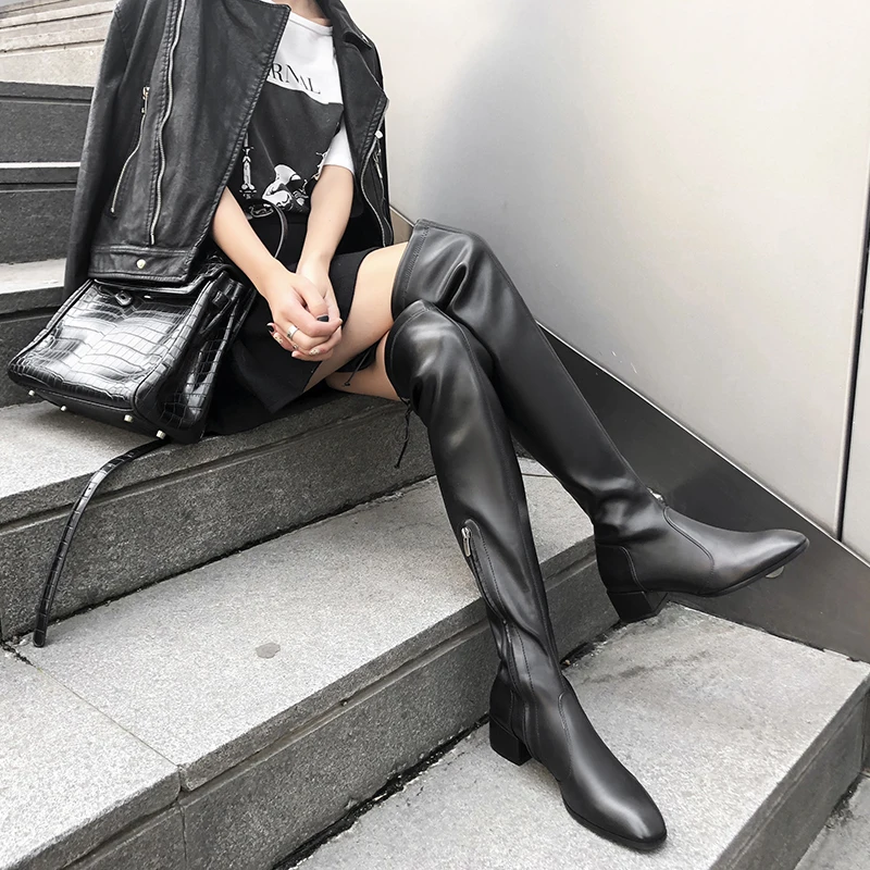 

ISNOM Over The Knee Women Boots Square Toe Zip Footweaar Stretch Shoes Fashion High Heels Leather Boot Female 2019 Spring New