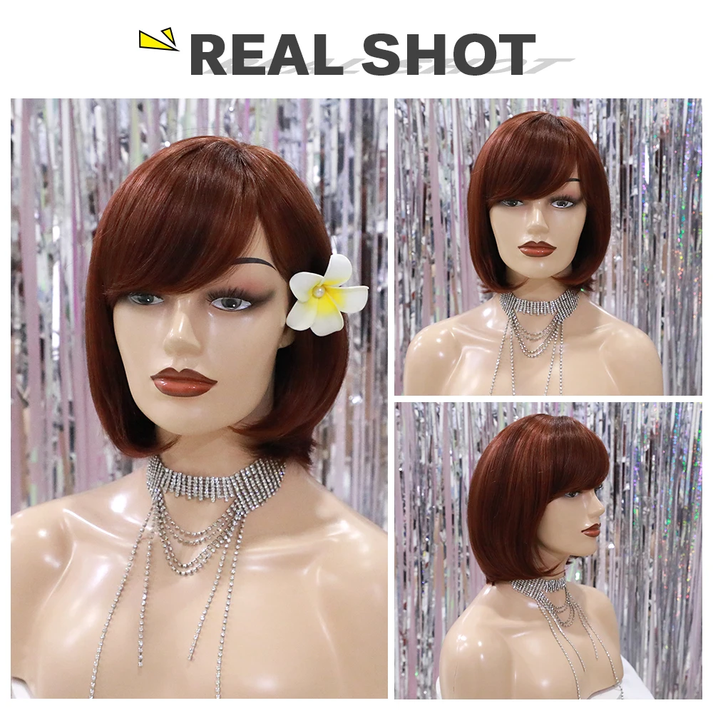 Element Heat Resistant Synthetic Brown Wig Blend 50% Human Hair High Density Pre Plucked Hairline 12 inch Long Wigs for Women