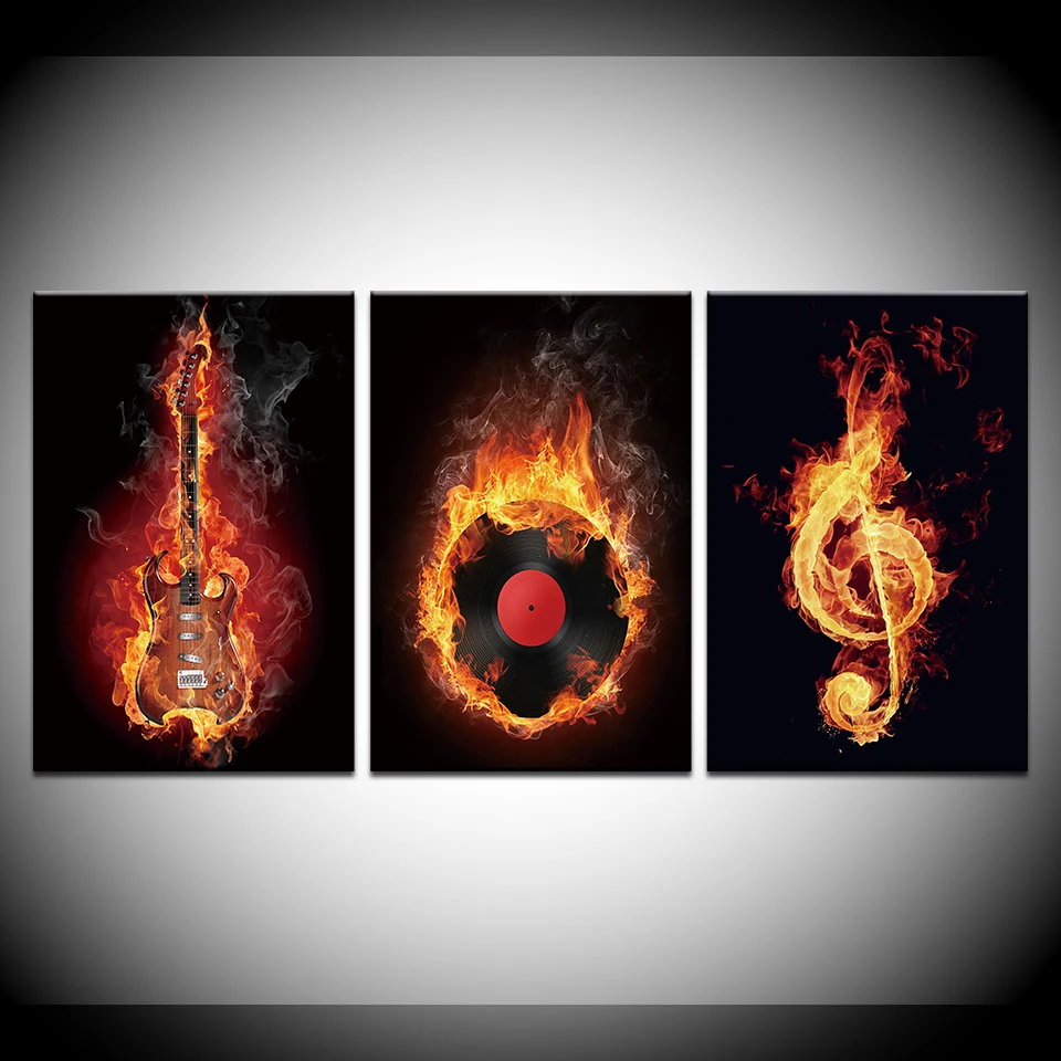 3 предмета Wall Art Изображение пламя игровая музыка гитара холст для живописи