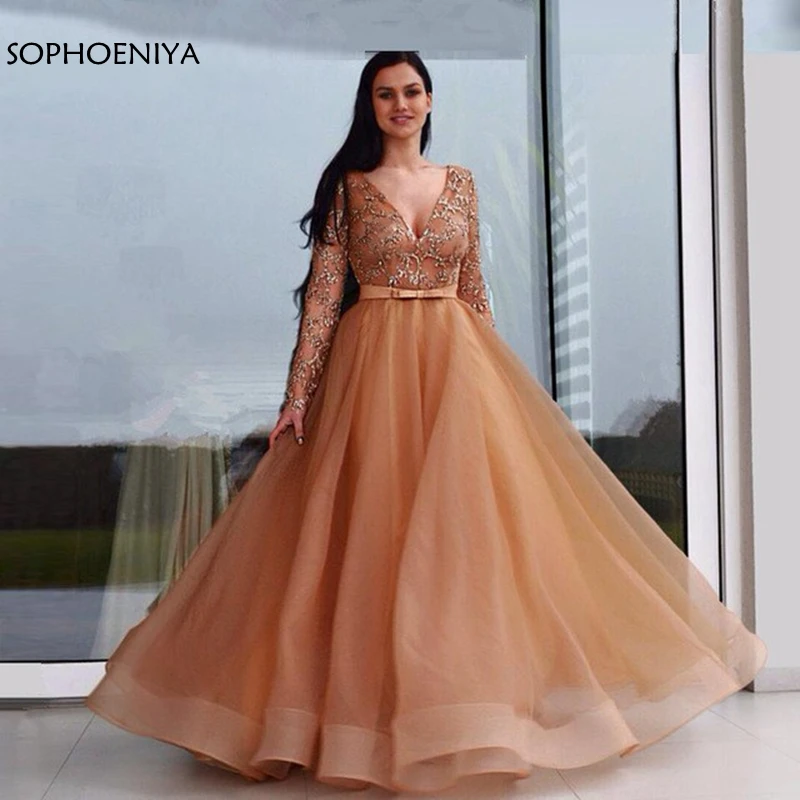 

New Arrival V Neck Long sleeve evening dresses 2021 Full Crystals Beaded Evening gowns Robe de soiree abiye evening gown