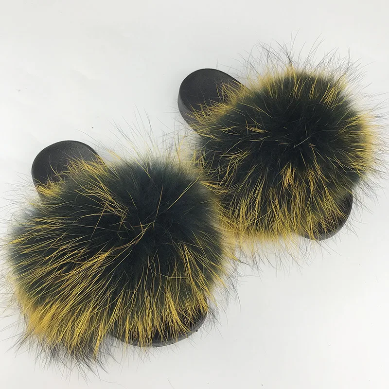 

Women's Furry Slippers Ladies Cute Plush Natrual Fur Fluffy Slippers Indoor Flip Flops Casual Beach Sandals Fluffy Plush Shoes