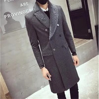 woolen overcoat with fur collar double brested thick padding coat men winter long thick warm jacket slim fit black grey trench