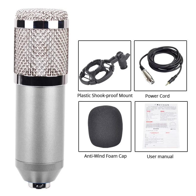 silver BM 800, Студийный микрофон для компьютера, конденсаторный микрофон, профессиональный BM 800, Студийный микрофон для записи, караоке, микрофон, микрофон - Цвет: silver