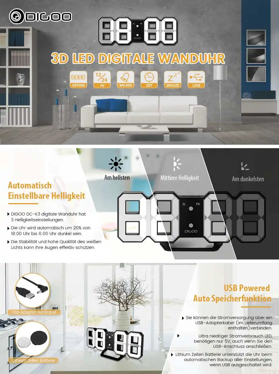 Digoo DC-K3, 3D светодиодный цифровой будильник, ночник, настенные часы, настольные часы с функцией повтора сигнала для дома, украшения гостиной