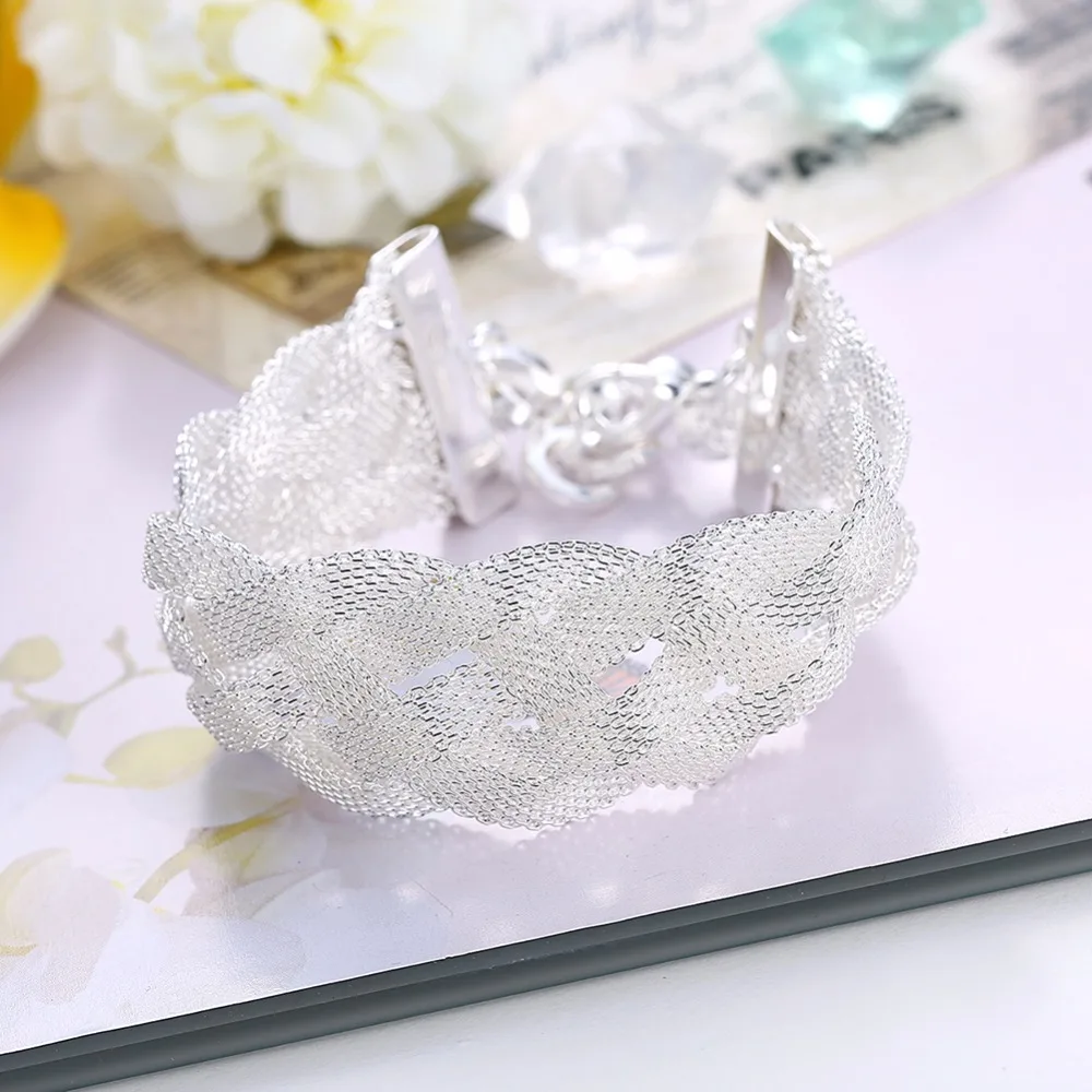 Women's jewelry 925 stamped silver plated fashion charm 8'' wide 25mm Cross Mesh chains bracelets gift pouches free shipping |