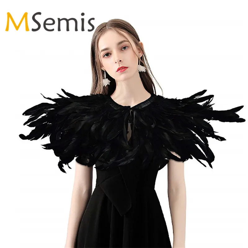 

Fashion Iridescent Rooster Hackle Natural Feather Collar Cape Stole Shawl Collar Shrug Cape feather shawl with Ribbon Ties Party