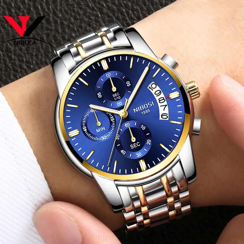 NIBOSI Mens Watches Luxury Brand Military Sport Gold Watch Men Business Wristwatch Chronograph Quartz Watch Relogio Masculino