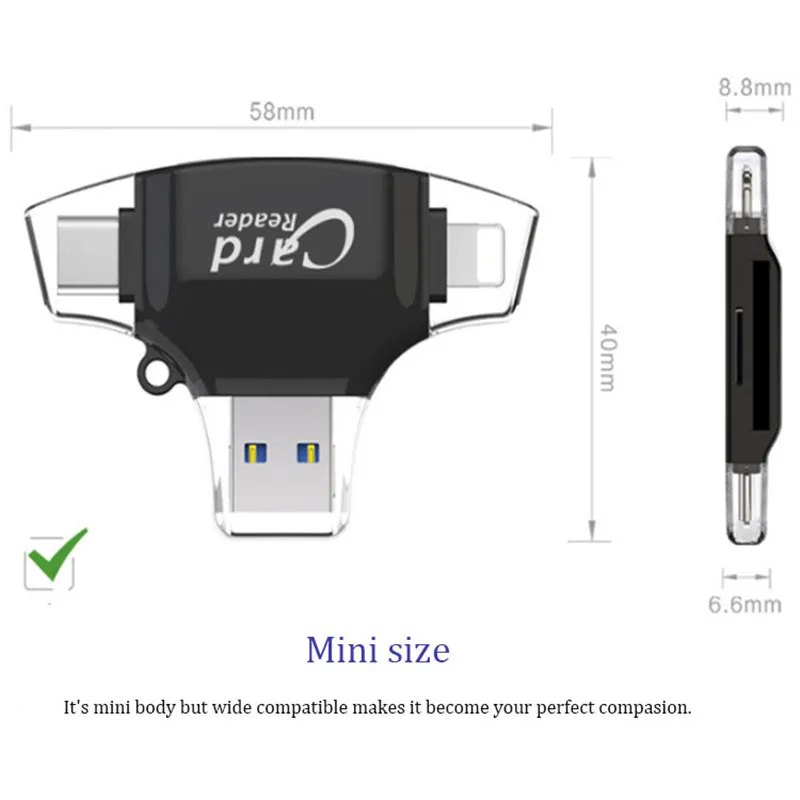 4 в 1 Тип C-USB Micro SD Card Reader Адаптер для iPhone Ipad Andrid OTG телефонов компьютер