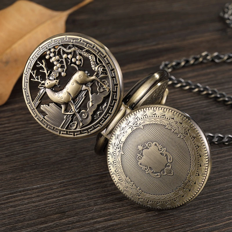 Vintage Deer Motif Hollow Hand-winding Pocket Watch Mechanical Double Cover Fob Chain Necklace Watches Steampunk Bronze Pendent | Наручные