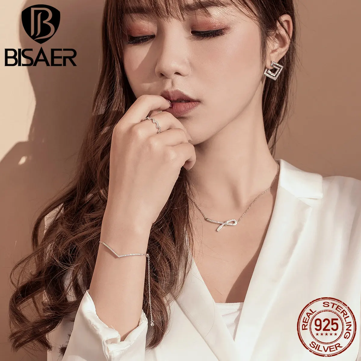 BISAER Кристалл Pulseira 925 пробы Серебряный светящийся кубический циркон женские серебряные браслеты свадебные ювелирные изделия из стерлингового серебра ECB137