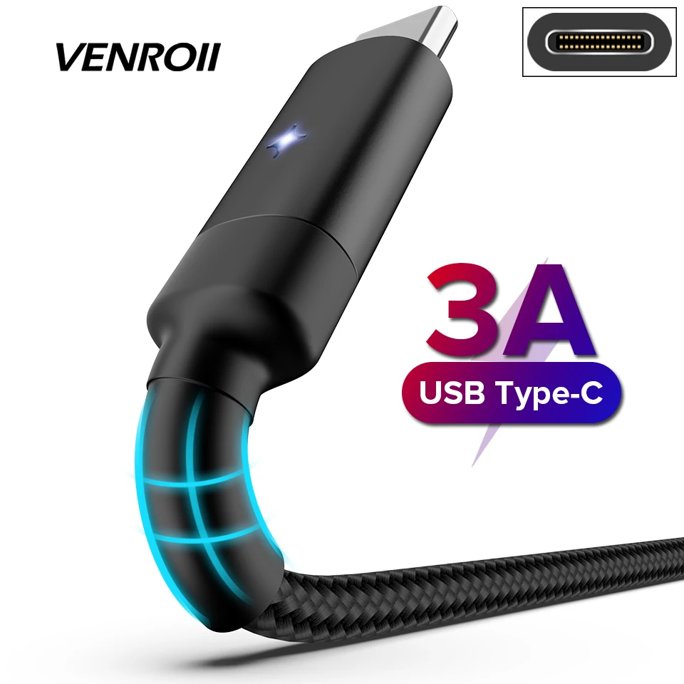Кабель Venroii usb type C для samsung S10 S9 S8 huawei P30 Pro Быстрая зарядка зарядный кабель usbc Xiaomi
