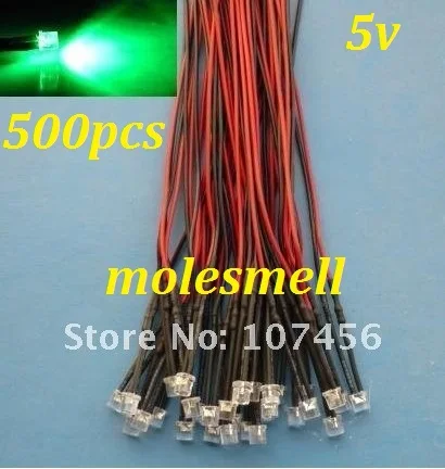 Free shipping 500pcs 5mm Flat Top Green LED Lamp Light Set Pre-Wired 5mm 5V DC Wired 5mm 5v big/wide angle green led
