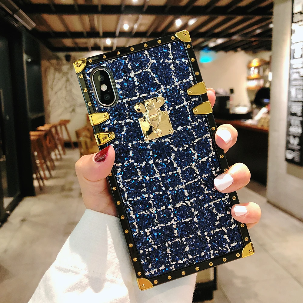 Блестящие металлические квадратные чехлы для iPhone 8 7 6 6s Plus X XR XS Max клетчатая блестящая пудра для Samsung Galaxy S8 S9 Plus Note 8 9 чехол