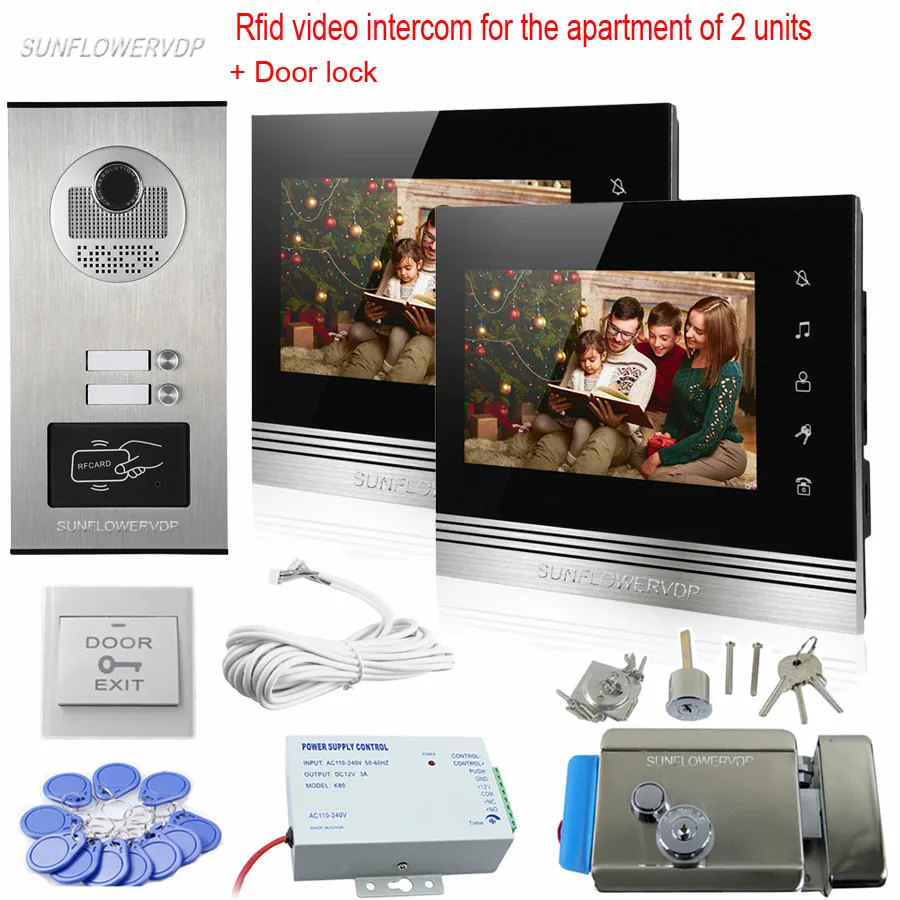 

Домофон с 2 кнопками для звонков и Rfid, домашний видеодомофон 7 дюймов, цветные комнатные мониторы, проводной видеодомофон с замком