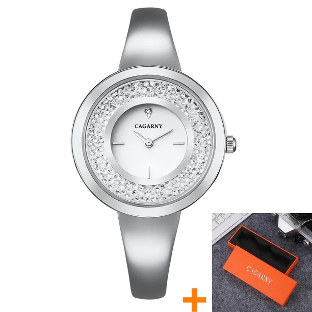 Cagarny Luxury Brand Women's Watches Crystal Rose Gold Steel Bracelet Bangle Fashion Ladies Wristwatches Quartz Watch For Women - Цвет: silver white box