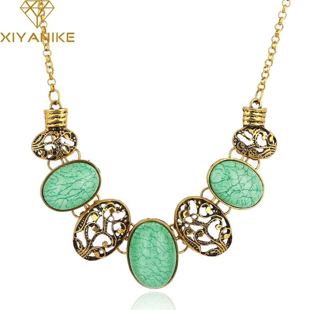 

European and American Style Retro Hollow Oval Exaggerated Imitation Gemstone Necklace Female Free Shipping XY-N290