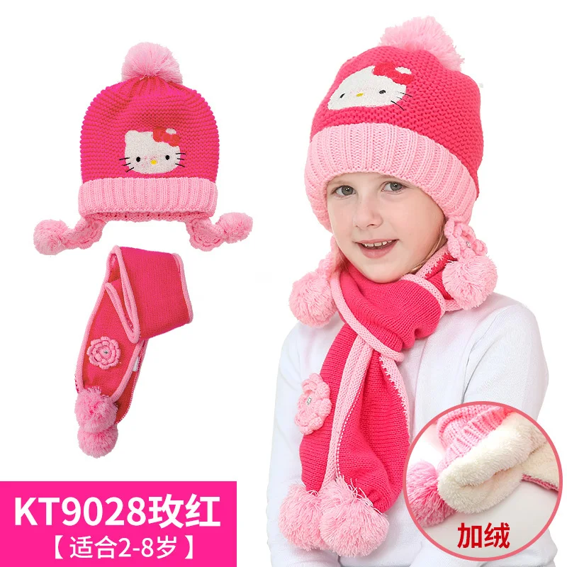 Hellokitty/шапка для девочек; шарф; детский утепленный вязаный шарф; зимний детский конец линии - Цвет: rose red8 years old
