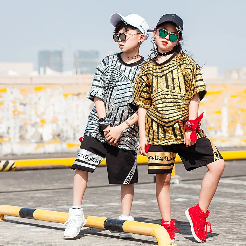 Children'S Jazz Dance Costumes Boys Girls Hip-Hop Short-Sleeved Street Set Sequins Tops Shorts Performance Clothing DL2598 |