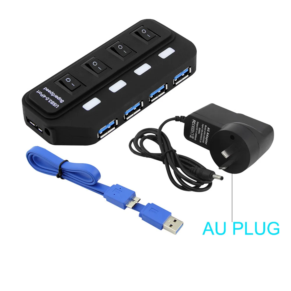 Black with AU Power Windyoung USB 3,0 концентратор USB-A до 4 портов USB3.0 с СВЕТОДИОДНЫЙ Переключатель ВКЛ/ВЫКЛ дополнительный DC 5 в блок питания USB разветвитель адаптер для мыши ПК - Цвет: Black with AU Power