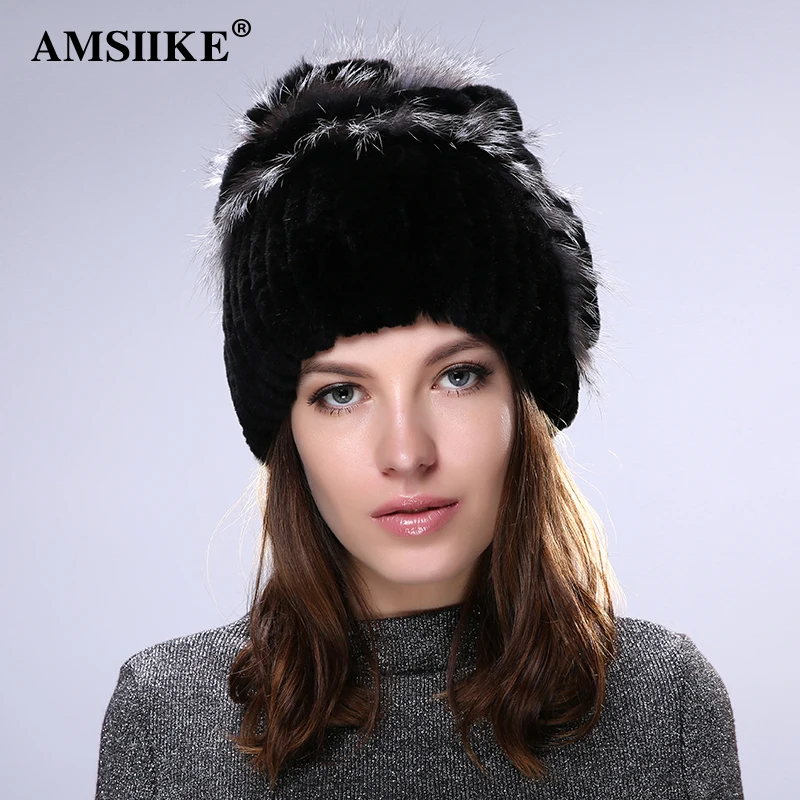 AMSIIKE Меховая шапка из Бобра с Бубоном Чернобурки TM712|winter woman cap|womens fashion capknit beanie hat |