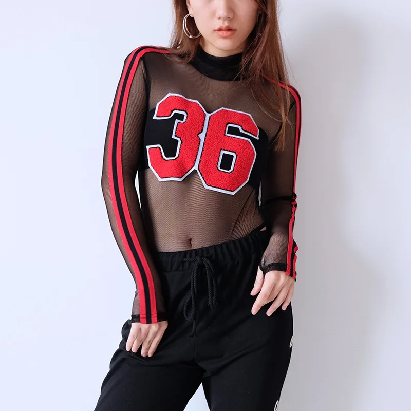 2018 модные женские туфли письмо сетки боди Леди с длинным рукавом дно Комбинезоны