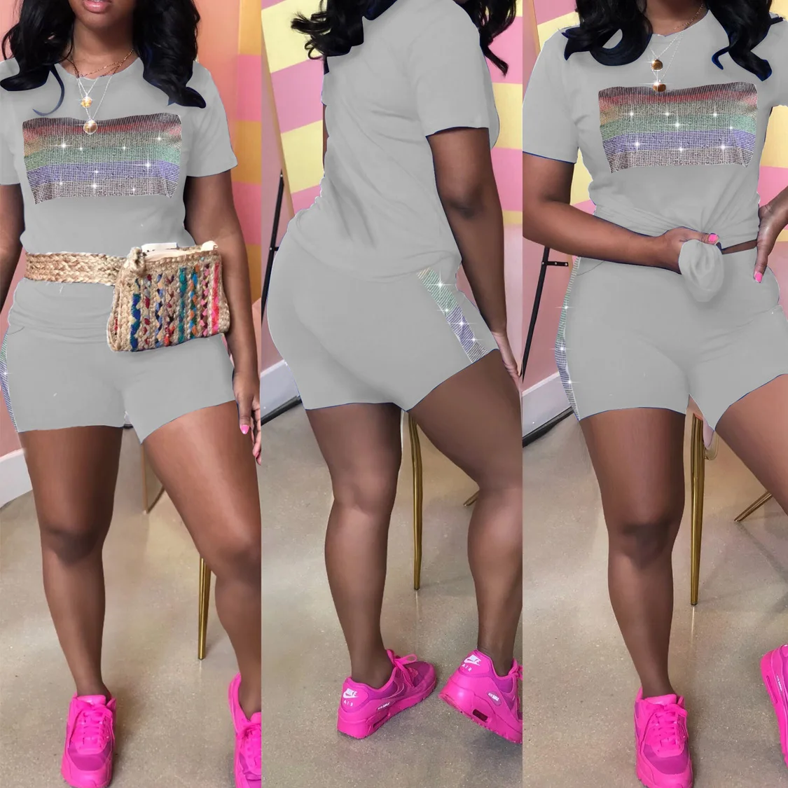 Rainbow Rhinestone Two Piece Summer Clothes for Women Short Sleeve T Shirt+ Bodycon Biker Shorts Plus Size Causal Matching Sets