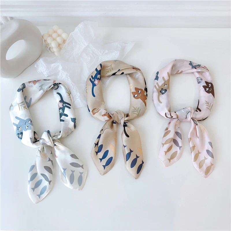 Luna& Dolphin Модный женский шарф с квадратами 70*70 с принтом кота шифоновые шелковые шарфы с животным чайным молоком головная повязка маленькая белая розовая бандана